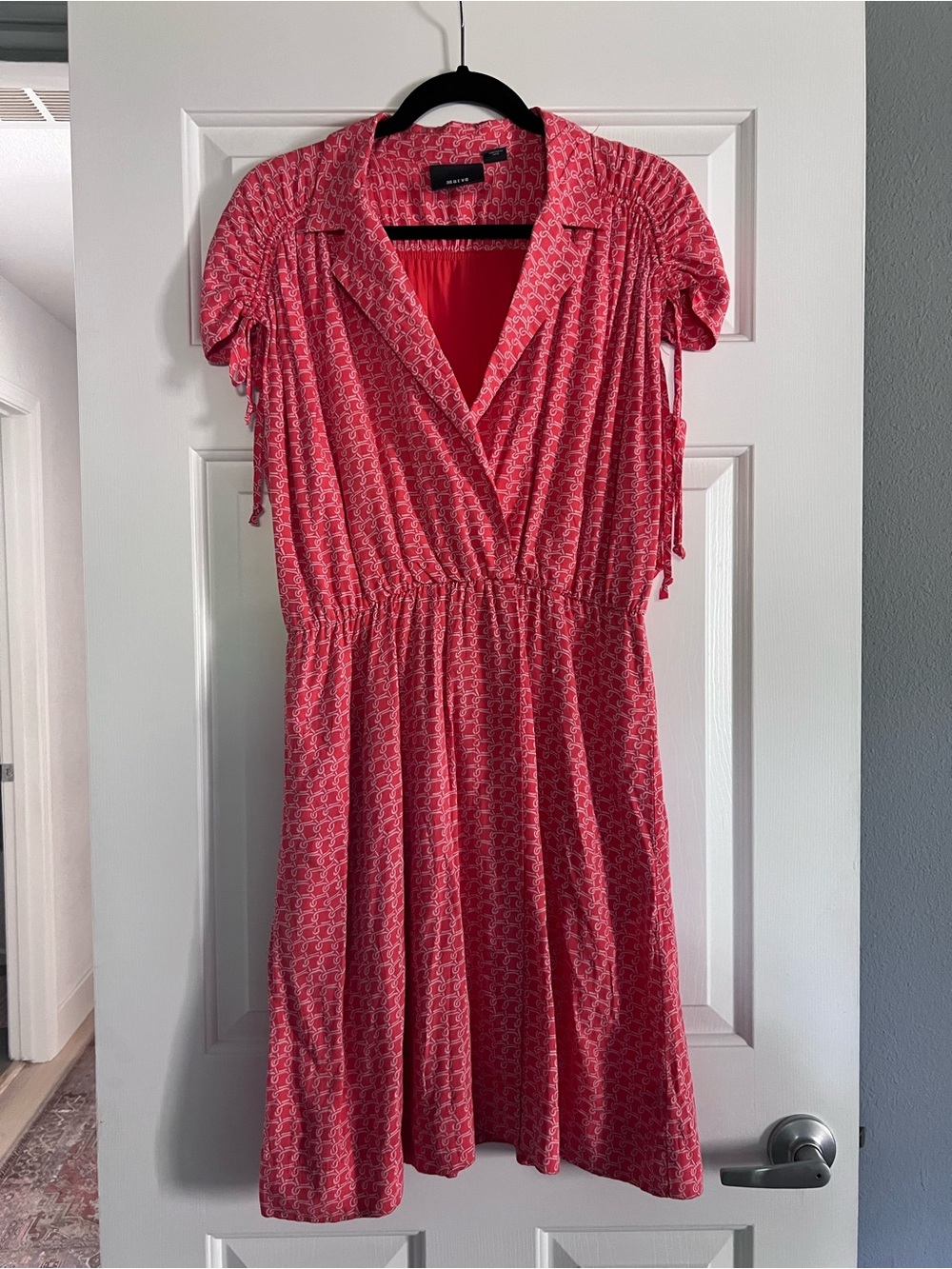Maeve Orange Red Patterned Short Sleeve Wrap Dress Medium